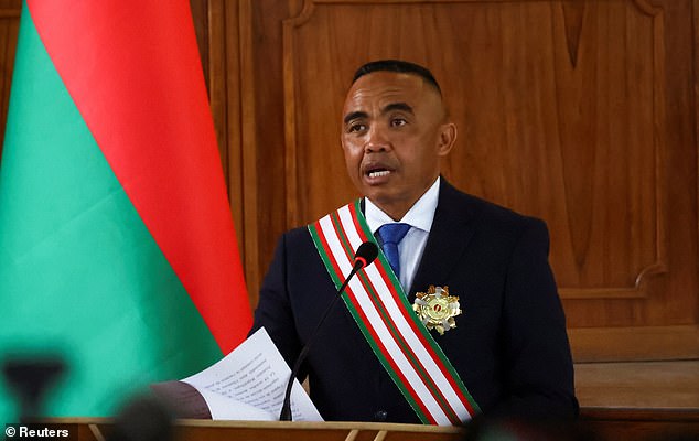 Colonel Michael Randrianirina is pictured speaking after being sworn in as the new president of Madagascar. He led a military coup against Andry Rajoelina who had led the country since 2009
