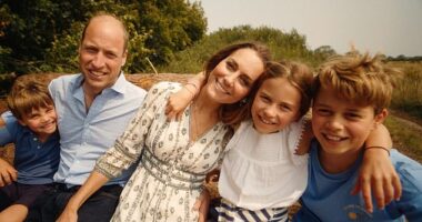 The Wales family are pictured in Norfolk (pictured L-R: Prince Louis, Prince William, Kate, Princess Charlotte, Prince George)