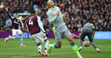 Erling Haaland wheels away after placing his shot too close to Aston Villa goakeeper Emi Martinez as Manchester City draw a blank on Sunday