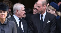 Prince Andrew (pictured left) seen in a frosty exchange with Prince William (pictured right) as they walked out of Westminster Abbey at the Duchess of Kent's funeral last month
