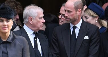 Prince Andrew (pictured left) seen in a frosty exchange with Prince William (pictured right) as they walked out of Westminster Abbey at the Duchess of Kent's funeral last month