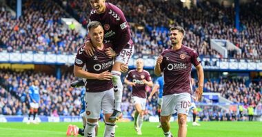 Lawrence Shankland wears a sheepish look as he celebrates his controversial Ibrox opener