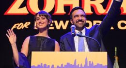 Sporting her favoured gold hoop earrings and a black lace ensemble, Rama Duwaji, the 28-year-old wife of new New York mayor Zohran Mamdani, has become the youngest ever First Lady of New York City, after her husband took more than 50 per cent of the vote in this week's mayoral elections (Pictured at Brooklyn Paramount Theate)