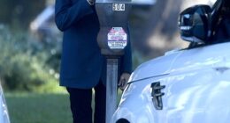 Lovely Barbara feeds the meter in Beverly Hills during a trip into town for a meeting