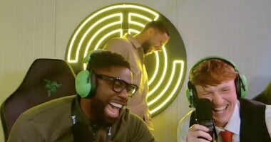 Ahead of I¿m A Celebrity's launch on Sunday, a clip has gone viral online of AngryGinge revealing his real name to to Micah Richards, sending the football pundit into hysterical fits of laughter (pictured)