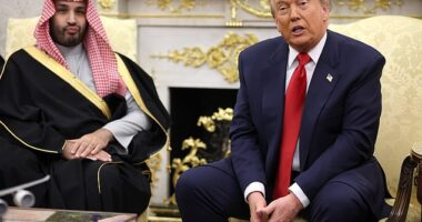 President Donald Trump (right) defended Saudi Arabia's Crown Prince Mohammed bin Salman (left) after a reporter asked the Saudi leader about the 2018 killing of Washington Post columnist Jamal Khashoggi