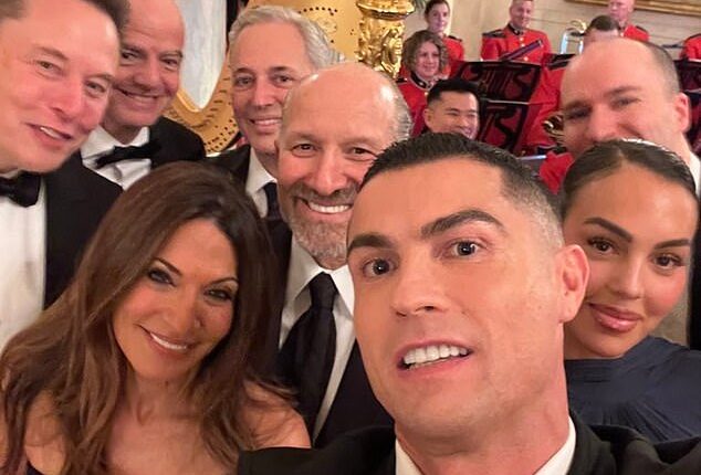 Cristiano Ronaldo took a selfie from a White House dinner hosted by Donald Trump - left to right: Elon Musk, Gianni Infantino, David Sacks, Allison Lutnick, Howard Lutnick, Ronaldo, Georgina Rodriguez, Greg Brockman