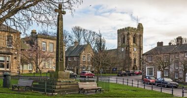 The chocolate box market town of Rothbury (pictured) is lined with sandy brick cottages and quaint shops