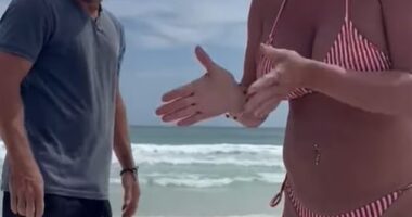 Backstreet Boys singer Brian Littrell and his wife Leighanne are seen arguing with beachgoers outside their $3.8 million Florida beach home, over what they claim are trespassing incidents onto their private beach