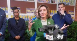 Rep. Nancy Pelosi, D-Calif., middle, speaks to reporters after a campaign event on Proposition 50 in San Francisco, Monday, Nov. 3, 2025.
