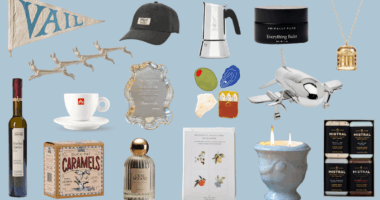 collage of gifts including caramels, soaps, a hat, perfume, a candle, notecards, and a cocktail shaker