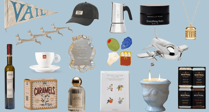 collage of gifts including caramels, soaps, a hat, perfume, a candle, notecards, and a cocktail shaker