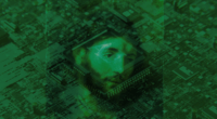 Painting of Jesus overlaid by computer motherboard and AI chip