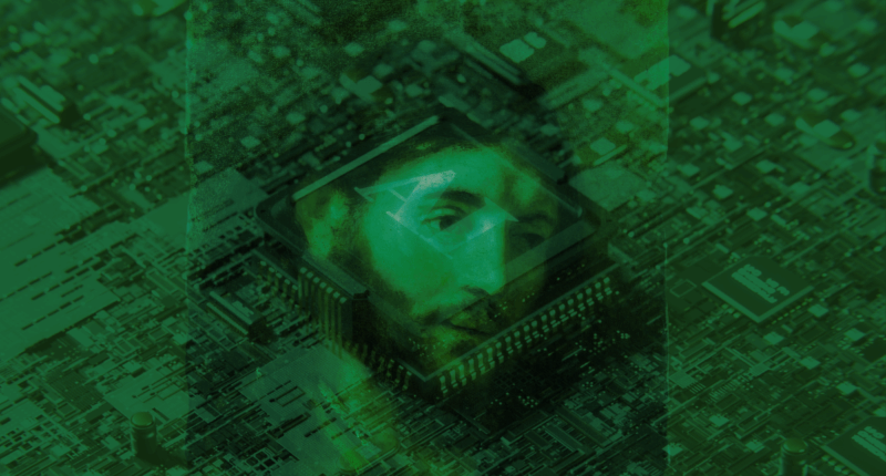 Painting of Jesus overlaid by computer motherboard and AI chip