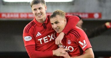 Winger Topi Keskinen (right) celebrates scoring in Aberdeen's 1-0 victory against Hearts