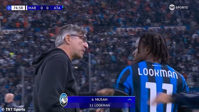 Ivan Juric (left) and Ademola Lookman (right) were involved in a furious confrontation after the Atalanta winger was substituted by his manager against Marseille on Wednesday night