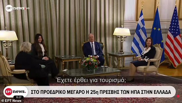US Ambassador Kimberly Guilfoyle presents her letters of credence to Greek President Konstantinos Tasoulas at an official ceremony held at the Presidential Mansion in Athens, formally beginning her tenure as the United States' chief diplomat in Greece