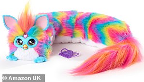 The DJ Furby Interactive Plush Toy (pictured) priced ay £59.99 is a brightly-coloured, stripy soft toy with a long body and luxurious tail