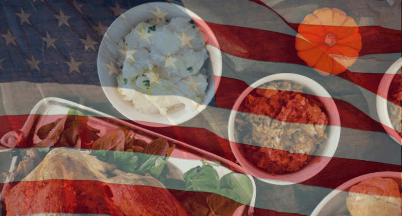 American Flag overlaid on a Thanksgiving dinner