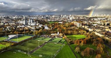 A rainbow threatens to make an appearance over Glasgow Green as Glasgow Harp face Stenhousemuir's Under-21s