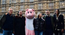 Farms not Factories has the support of many high profile celebrities. Pictured from left to right at one of its demonstrations: Jerome Flynn, Gizzi Erskine, Leslie Ash, Ciaran McMenamin and  Tracy Worcester