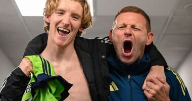 Anthony Gordon, pictured celebrating with assistant coach Graeme Jones after a win over Fulham, has gone 19 Premier League games without a goal or assist