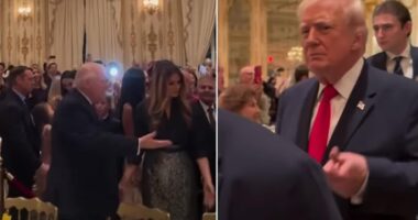 Barron Trump sent guests wild last night when he walked into Thanksgiving dinner dressed to the nines and towering over his father Donald and mother Melania at the president's Mar–a–Lago Club. The 6ft 9in teenager shook hands with beaming MAGA fans as the Trumps were greeted with a standing ovation in a dining room dripping with crystal chandeliers and opulent gold accents. Donald pumped his fist and clapped his hands, giving his signature thumbs–up while Melania and Barron greeted guests with smiles.