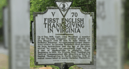 sign commemorating the first english thanksgiving in Virginia