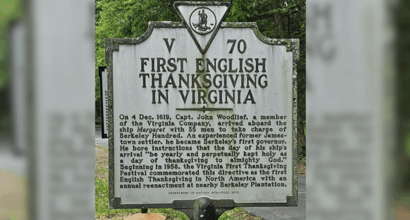 sign commemorating the first english thanksgiving in Virginia