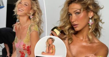 Bella Hadid wears totally sheer beaded Clio Peppiatt dress for Orebella fragrance campaign