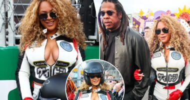 Beyoncé arrives at F1 in form-fitting racing gear