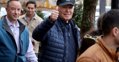 Former President Joe Biden, wearing a black baseball cap, gave a thumbs-up towards photographers as he and he his family walked the streets of Nantucket