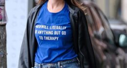Bill de Blasio's ex-girlfriend Nomiki Konst was captured by the Daily Mail wearing a T-shirt Thursday that read: 'Men will literally do anything but go to therapy'
