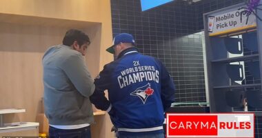 The incident appeared to begin with the man in the Blue Jays jacket elbowing the other man