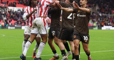 Stoke and Hull players clashed at full-time after the latter claimed a last gasp 2-1 victory