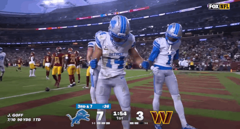 Amon-Ra St. Brown doing the Trump dance.