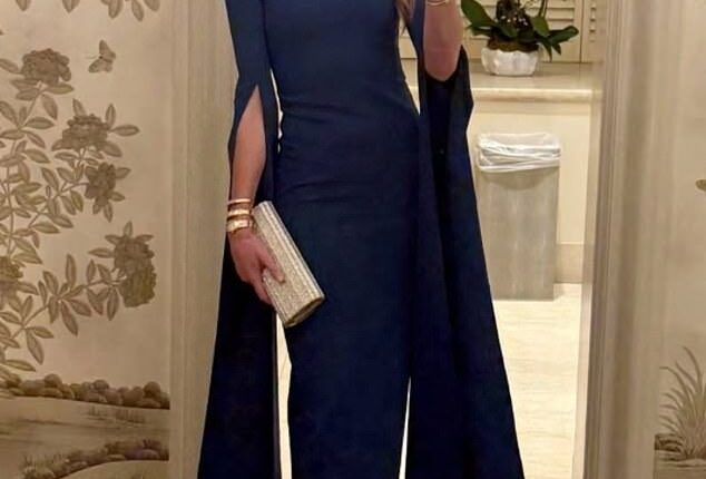 Bettina Anderson is pictured in a smart navy gown as she prepared to attend Tuesday's White House gala in honor of Saudi Arabia's Crown Prince Mohammed bin Salman