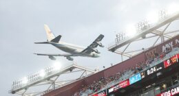 Air Force One flew low over Northwest Stadium in the first quarter of Commanders vs Lions