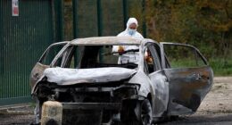 A driver screaming 'Allahu Akbar' ploughed into a crowd of pedestrians on a French holiday island this morning, leaving at least ten people injured. After the ramming, he tried to set fire to his vehicle (pictured), which contained gas canisters, before he was tasered by police and arrested