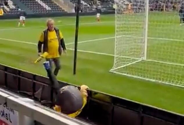 St Albans City mascot Sammy the Saint tumbled over an advertising hoarding before his side's clash with Burton Albion on Saturday