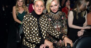 Ellen DeGeneres (left) and her wife Portia de Rossi (right) moved to England a year ago, putting the blame firmly on Donald Trump
