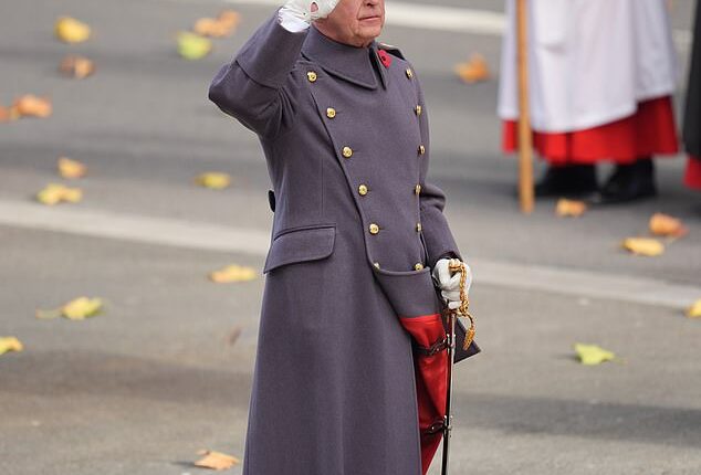King Charles stared solemnly as he saluted in front of the Cenotaph to mark Remembrance Day