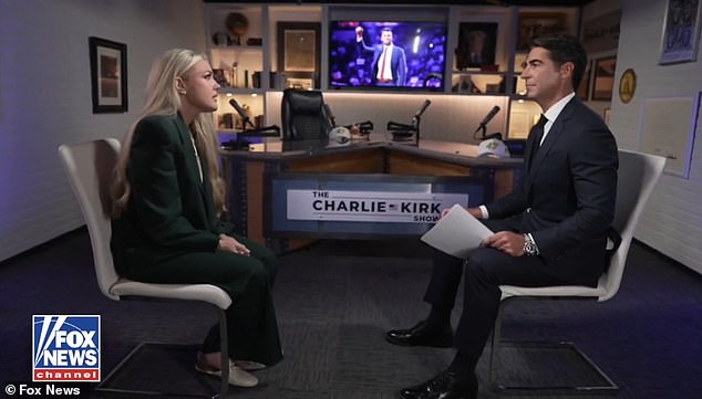 Erika Kirk being interviewed by Jesse Watters of Fox News, aired November 5, 2025