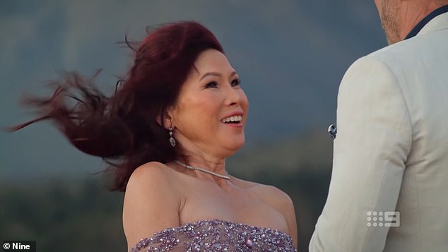 Channel Nine has been slammed over its decision to film the finale of The Golden Bachelor at the foot of a mountain range in South Africa. Pictured: The Golden Bachelor winner, Sunny Long in a scene from the finale