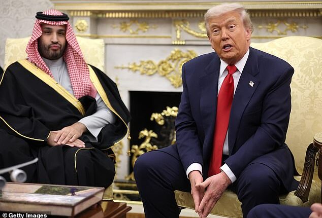 President Donald Trump (right) defended Saudi Arabia's Crown Prince Mohammed bin Salman (left) after a reporter asked the Saudi leader about the 2018 killing of Washington Post columnist Jamal Khashoggi