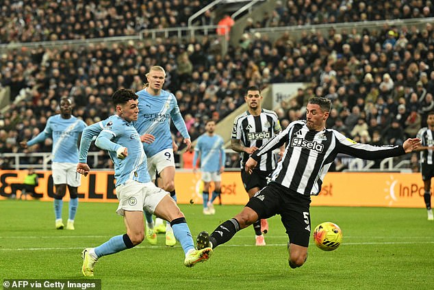 Fabian Schar made contact with Phil Foden's foot after the Man City star shot in the box