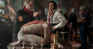 Guillermo del Toro and Oscar Isaac on Frankenstein set