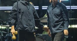 Britpop legends Liam, 53, (left) and Noel Gallagher, 58, (right) kicked off the Australian leg of their world tour with a literal bang on Friday night