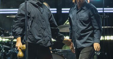 Britpop legends Liam, 53, (left) and Noel Gallagher, 58, (right) kicked off the Australian leg of their world tour with a literal bang on Friday night