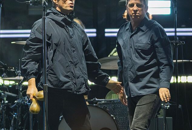 Britpop legends Liam, 53, (left) and Noel Gallagher, 58, (right) kicked off the Australian leg of their world tour with a literal bang on Friday night